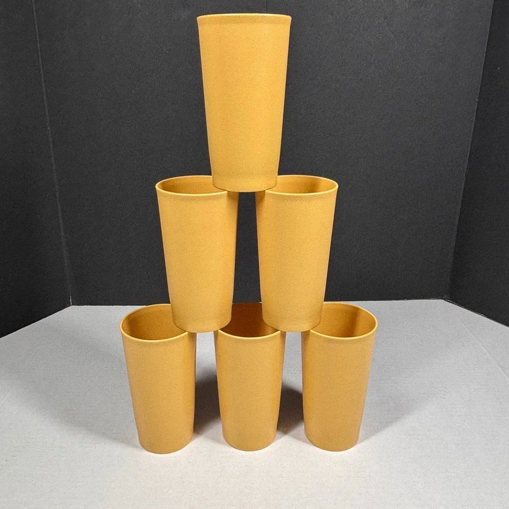 Vintage 80s Tupperware Harvest Gold Tumblers Set of 6 Mustard Cups 873 12oz EUC